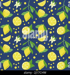 Motivi senza cuciture di limoni luminosi, elementi disegnati a mano. Estate. Limoni gialli con foglie e fiori su sfondo scuro. Limonata. Adatto per Illustrazione Vettoriale