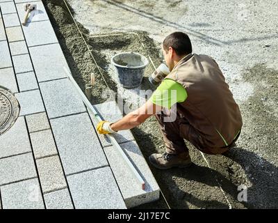 Asfaltatrice che esamina la pietra di pavimentazione con livello Foto Stock