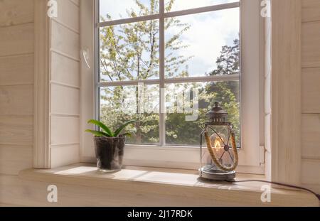 Finestra bianca con rete di mosuito in una casa rustica in legno che si affaccia sul giardino fiorito. Foto Stock