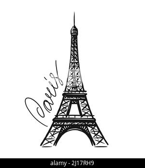 Illustrazione vettoriale dello schizzo della torre Eiffel francese. Francia, Parigi simbolo immagine disegnata a mano Illustrazione Vettoriale