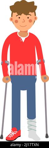 Uomo con caviglia rotta che cammina con le stampelle. Tipo ferito con gesso gettato sulla gamba Illustrazione Vettoriale