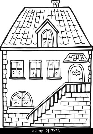 Casa con scale esterno. Facciata carina in stile disegnato a mano Illustrazione Vettoriale