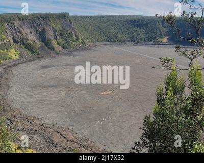 Affacciato sul cratere vulcanico della fossa al Kilauea Iki Trail presso il Parco Nazionale dei Vulcani a Big Island Hawaii Foto Stock