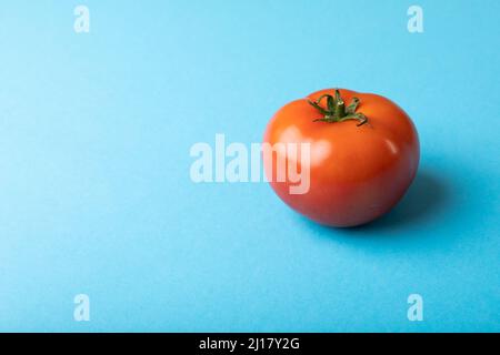 Primo piano di pomodoro rosso fresco da spazio copia su sfondo blu Foto Stock