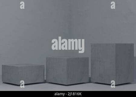 3d rendering. Set di 3D stanze astratte con sfondo giallo, scala cubica bianca, podio set. Foto Stock