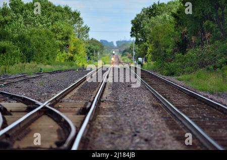 Rochelle, Illinois, Stati Uniti. Le rotaie principali si estendono fino all'orizzonte quando i fari di un treno merci in avvicinamento appaiono in lontananza. Foto Stock