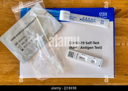 Un test di flusso laterale negativo che mostra che una persona non ha un'infezione COVID-19. Foto Stock