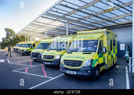 Il problema delle ambulanze in coda a causa di letti ospedalieri non disponibili - un accumulo di ambulanze al Grange University Hospital vicino Pontypool, Regno Unito. Foto Stock