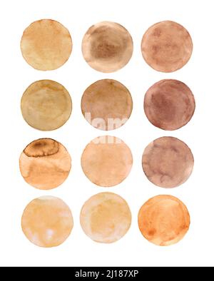 Serie di acquerelli di blobs, isolato su sfondo bianco. Dipinto a mano MARRONE isolato cerchi set. Illustrazione Vettoriale