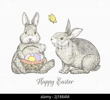 Illustrazione del vettore di Butterfly e del coniglietto di Pasqua del carino disegnato a mano. Piccoli conigli che tengono il cestello pieno di uova Abstract Sketch. Vacanze di primavera Illustrazione Vettoriale