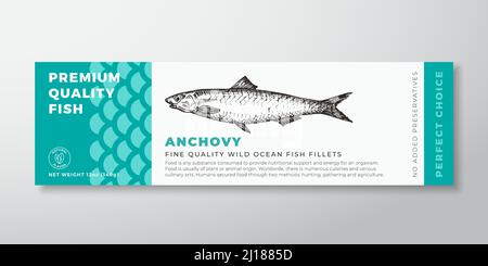 Premium qualità Anchovy Vector Packaging Label Design moderna tipografia e a mano disegnato pesce Silhouette Seafood prodotto sfondo Layout Illustrazione Vettoriale