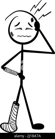 Figura del bastone ferita con ossa rotte e dolore alla testa in nero su sfondo bianco Illustrazione Vettoriale