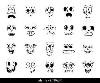 Collezione di vecchi cartoni animati tradizionali retrò. Vintage volti di persone con diverse emozioni del 20s 30s. Espressioni di carattere emoji 50s Illustrazione Vettoriale
