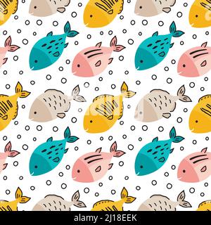 Colorato cartoon di pesce senza cuciture pattern. Illustrazione vettoriale. Illustrazione Vettoriale