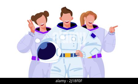 Tre personaggi in costumi astronauti - due ragazze allegre e ragazzo posano con caschi spaziali nelle loro mani. Illustrazione vettoriale su argomento di cosmonauti Illustrazione Vettoriale