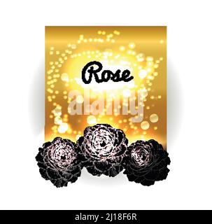 Sfondo in oro bokeh con rose nere. Spazio d'oro e rose. Illustrazione vettoriale. Vintage sfondo rosso e nero. Illustrazione Vettoriale