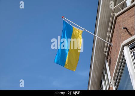 Bandiera Ucraina per protesta ad Amsterdam Paesi Bassi 22-3-2022 Foto Stock