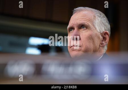 Washington, Stati Uniti. 23rd Mar 2022. Thom Tillis, R-NC, interroga il candidato della Corte Suprema Ketanji Brown Jackson durante il terzo giorno della sua audizione di conferma del Comitato giudiziario del Senato su Capitol Hill a Washington DC, mercoledì 23 marzo 2022. Foto di Leigh Vogel/UPI Credit: UPI/Alamy Live News Foto Stock