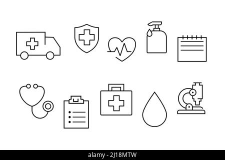 Icone della linea clinica medica. Simboli in bianco e nero su sfondo bianco. Vettore. Illustrazione Vettoriale