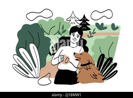 Persone che riposano nella natura. Ragazza abbraccia il cane, hostess con il suo animale domestico sul guinzaglio nella foresta. Parco cittadino o cittadino, riposatevi e camminate all'aria aperta. Fine settimana in primavera o. Illustrazione Vettoriale
