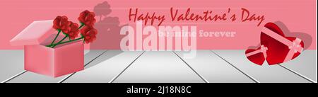 'buon giorno di san valentino' banner con regali e rose. Il banner contiene pareti rosa sullo sfondo e piastrelle bianche in primo piano. L'uso migliore sarebbe Illustrazione Vettoriale