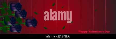 'Buon giorno di San Valentino' banner con doni. Banner a tema scuro per il giorno di San Valentino. Il banner può essere utilizzato per brochure, siti Web e poster. Illustrazione Vettoriale