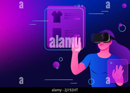 Shopping in realtà virtuale. Donna in occhiali Acquisto Online. Illustrazione del vettore metaverse Illustrazione Vettoriale