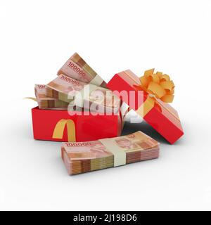 Pila di note rupia indonesiane all'interno di una confezione regalo rossa aperta. Pacchetti di rupia indonesiana all'interno di una confezione regalo. 3d rendering di denaro all'interno della scatola isolare Foto Stock