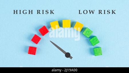 Contagiri alto e basso rischio, il puntatore indica la scala a rischio rosso, il credito finanziario e il punteggio aziendale Foto Stock