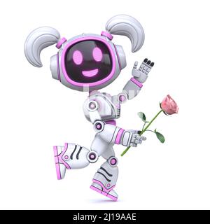 Cute rosa ragazza robot in amore tenere rosa 3D rendering illustrazione isolato su sfondo bianco Foto Stock