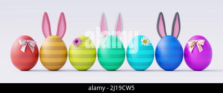 Colorate uova di Pasqua su sfondo bianco, felice Pasqua biglietto di auguri 3D rendere 3D illustrazione Foto Stock