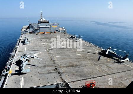 220316-N-QW438-5714 GOLFO PERSICO (16 marzo 2022) - quattro elicotteri MH-60s Seahawk attaccati a elicottero Sea Combat Squadron 26 in standby a bordo della base navale di Expeditionary USS Lewis B. Puller (ESB 3) mentre operano nel Golfo Persico, marzo 16. La USS Lewis B. Puller (ESB 3) è schierata nell'area della flotta statunitense 5th per sostenere le operazioni navali al fine di garantire la stabilità e la sicurezza marittima nella regione centrale, collegando il Mediterraneo e il Pacifico attraverso l'Oceano Indiano occidentale e tre punti di arresto strategici. (STATI UNITI Foto Navy di Logistics Specialist Chief Candis Horne) Foto Stock