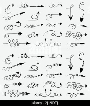 Set di frecce vettoriali, disegnate a mano, a forma di barbatella. Collezione di frecce decorate a vortice. Illustrazione Vettoriale