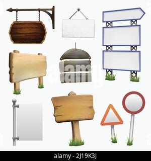 Set di guide e pannelli informativi, inclusi telai in legno e metallo e segnaletica stradale illustrazione vettoriale isolata Illustrazione Vettoriale