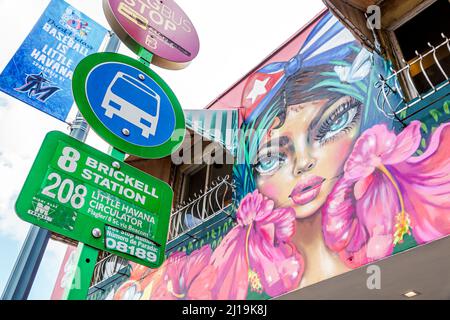 Little Havana Miami Florida Calle Ocho 8 8th Street Hispanic quartiere cubano quartiere storico art art bus stop sign Foto Stock