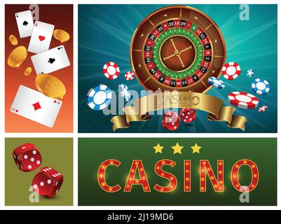 Realistico casino brillante composizione con gioco d'azzardo roulette poker carte chip monete d'oro e dadi illustrazione vettoriale Illustrazione Vettoriale