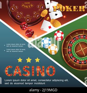 Realistico casino concetto colorato con poker tavolo roulette dadi carte da gioco monete d'oro illustrazione vettoriale Illustrazione Vettoriale