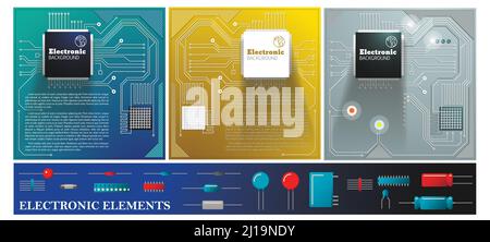 Composizione elettronica colorata piatta con schede a circuito elettrico diodi transistor illustrazione vettoriale di condensatori e resistori Illustrazione Vettoriale
