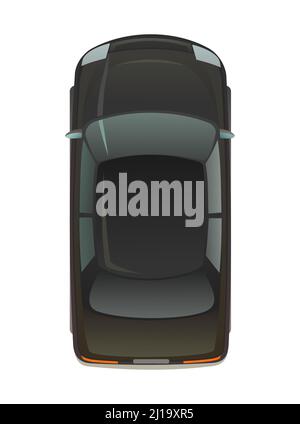 Automobile nera. Vista dall'alto. Auto moderna. Illustrazione di stile carino del cartone animato. Oggetto isolato su sfondo bianco. Vettore. Illustrazione Vettoriale