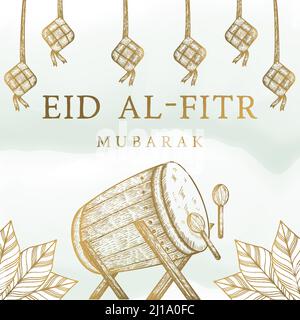 eid al fitr mubarak disegnato a mano con bedug, biglietti d'auguri illustrazione Illustrazione Vettoriale