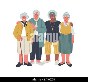 Gruppo di donne anziane sorridenti, huddle.Time insieme, vecchio vettore friends.Cartoon Illustrazione Vettoriale
