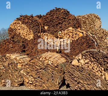 Fasci di scarti di legno e corteccia in una segheria di salice, Suffolk, Inghilterra, Regno Unito Foto Stock