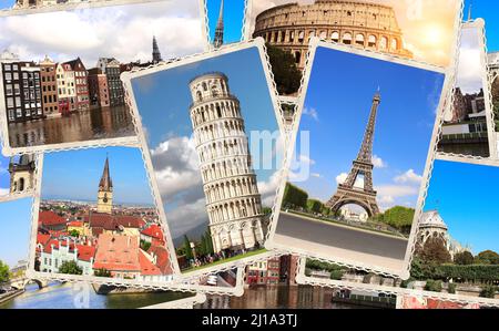 Sfondo del viaggio d'epoca con foto retrò dei monumenti europei. Banner orizzontale con vecchie foto della Torre Eiffel di Parigi, Torre Pendente di Pisa, Foto Stock