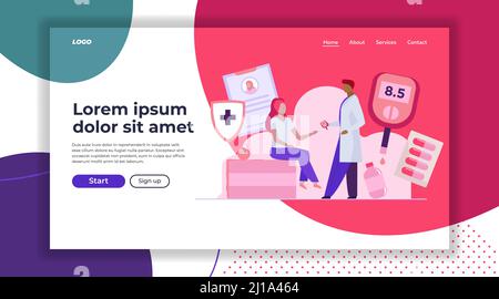 Medico che controlla il livello di zucchero nel sangue della donna. Paziente di sesso femminile seduto in un armadietto endocrinologo immagine vettoriale piatta. Diabete, concep di screening sanitario Illustrazione Vettoriale