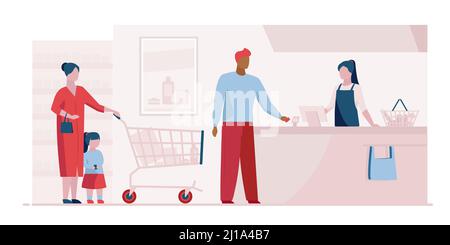 Coda al check-out nel supermercato. Clienti, cassiere, controllare registro flat vettore illustrazione. Shopping, negozio di alimentari, concetto di pagamento per banner, noi Illustrazione Vettoriale