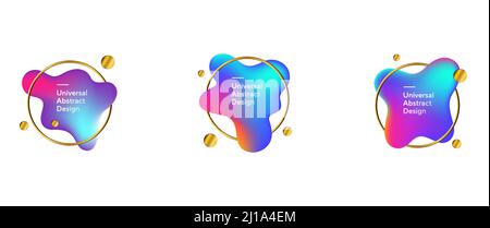 Insieme creativo astratto di forme di flusso di fluidi. Elementi grafici geometrici nel cerchio. Si forma a spruzzo dinamico. Modello per logo, volantino, presentazione. Vect Illustrazione Vettoriale