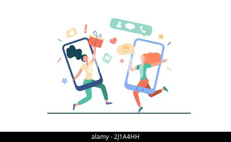 Clienti che condividono riferimenti e guadagnano denaro. Utenti di telefoni cellulari che chattano, scambiano regali. Illustrazione vettoriale per indicare un amico, referenti, loy Illustrazione Vettoriale