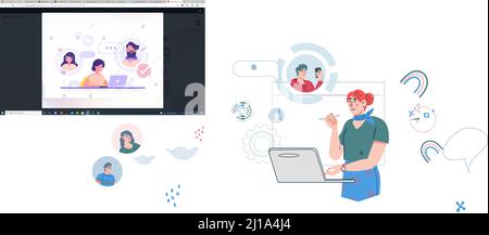 Donna d'affari che incontra il team online tramite videochiamata in conferenza. Lavorando da casa e da remoto gestione dei progetti, flat cartoon vettore illustratio Illustrazione Vettoriale