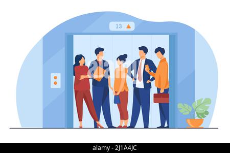 Dipendenti che utilizzano un ascensore per uffici. Uomini d'affari in cabina ascensore con porte aperte. Illustrazione vettoriale per l'architettura, business i Illustrazione Vettoriale