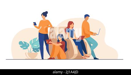 Gli utenti di dispositivi digitali trascorrono tempo insieme. Gruppo di uomini e donne che utilizzano computer portatili, tablet e smartphone. Illustrazione vettoriale per la navigazione sul Web, Illustrazione Vettoriale